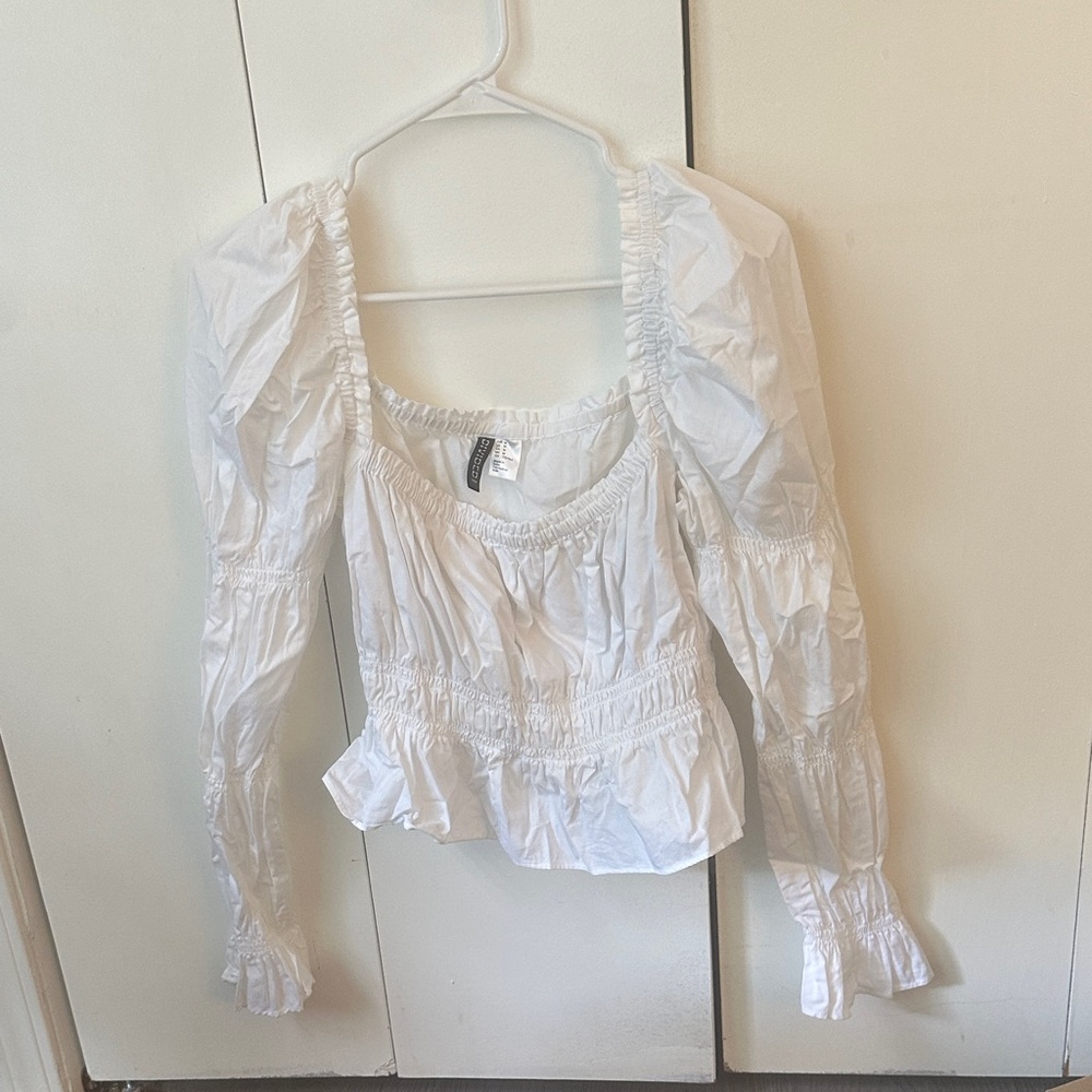 H&M White Smocked Square-Neck Puff Sleeve Blouse